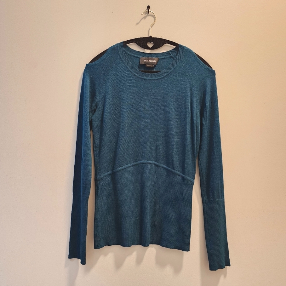 Yigal Azrouel Silk Cashmere Cold Shoulder Cutout Teal Cardigan - Medium